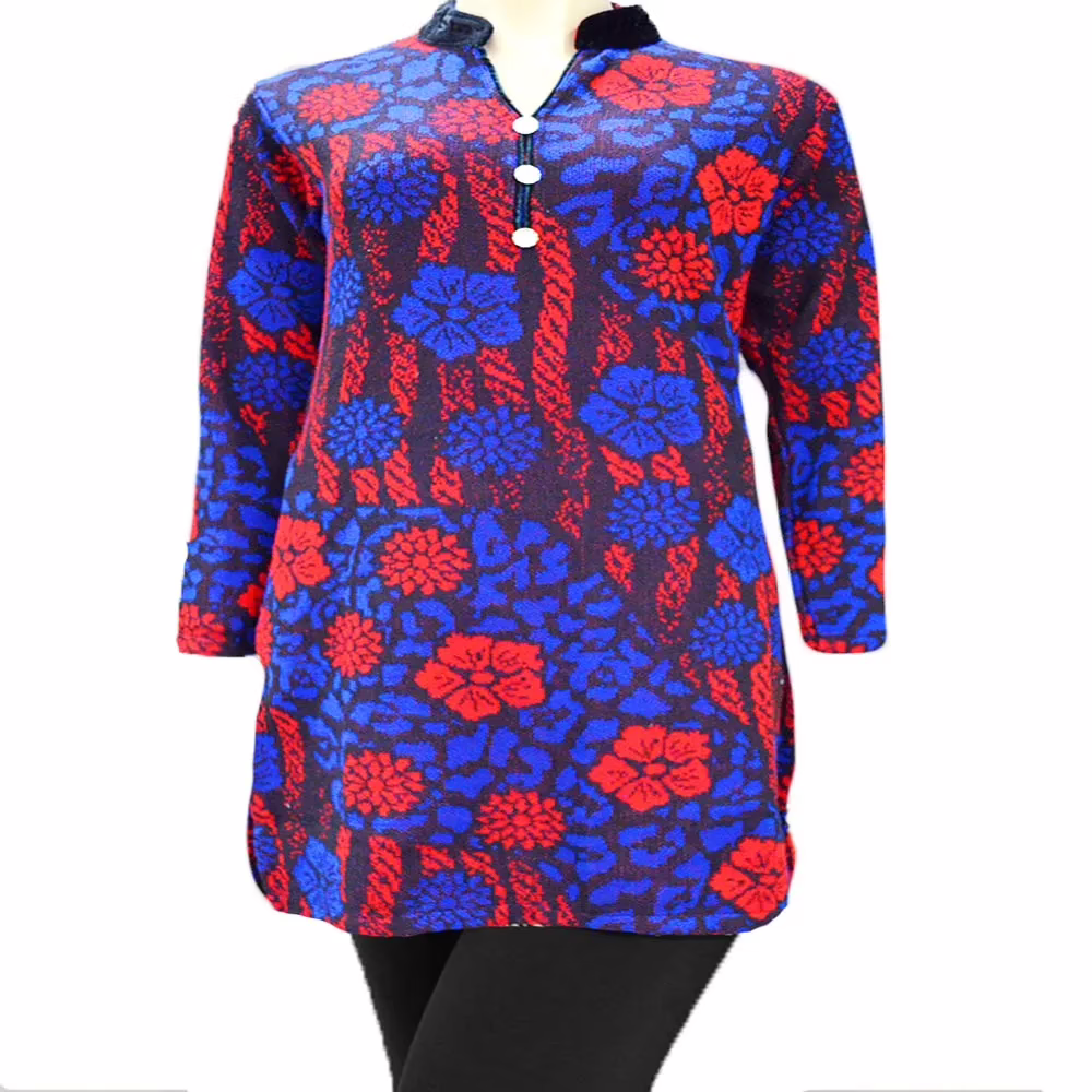 Bright Magenta Print Black Velvet Nehru Collar Blue Buttoned Placket Woolen Kurti