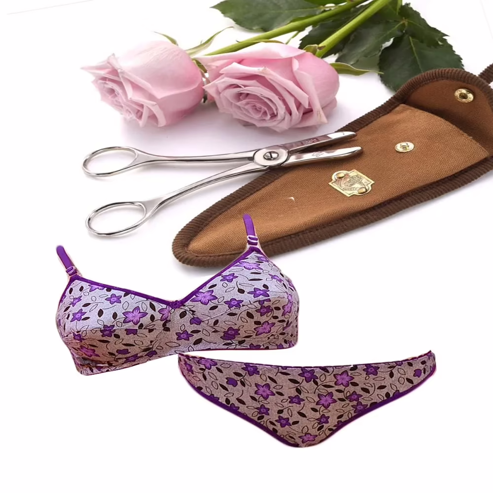 Charming Purple Flower Print Grey Bridal Bra Panty Set - Image 2