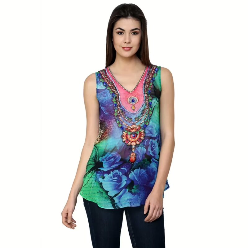 Chiktones Viscose Georgette Printed Hand Beaded Top