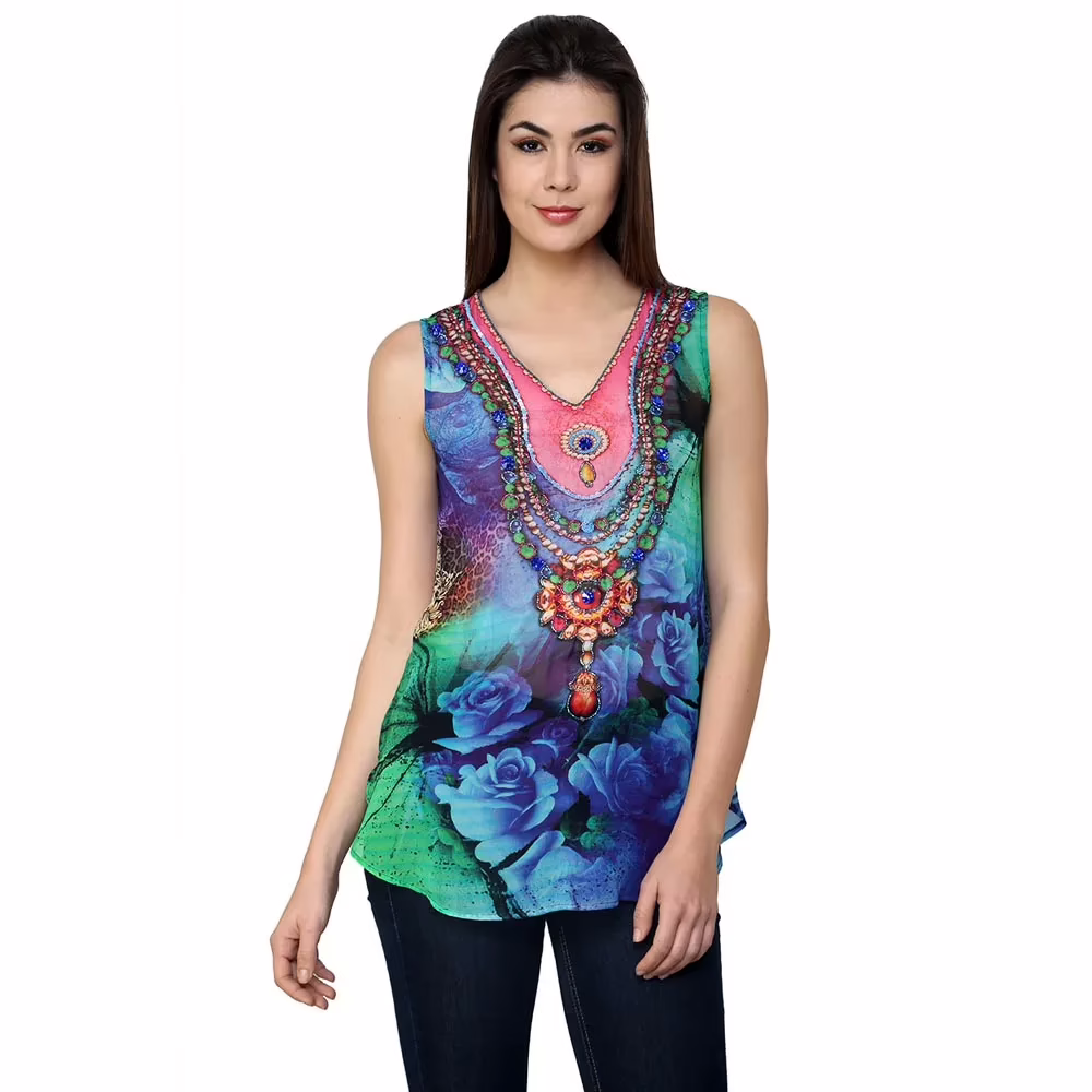 Chiktones Viscose Georgette Printed Hand Beaded Top