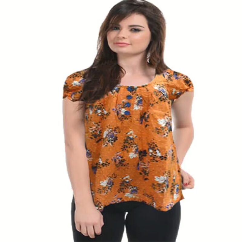 Classy Orange Floral Print Pop Sleeves Top