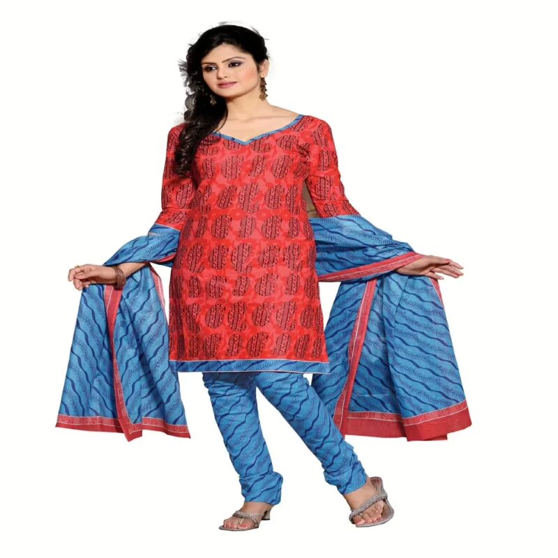 Cotton Bazaar Orange & Sky Blue Pure Cotton Un-Stitched Salwar Suit