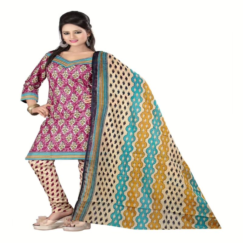 Cotton Bazaar Pink & Cream Pure Cotton Un-Stitched Salwar Suit