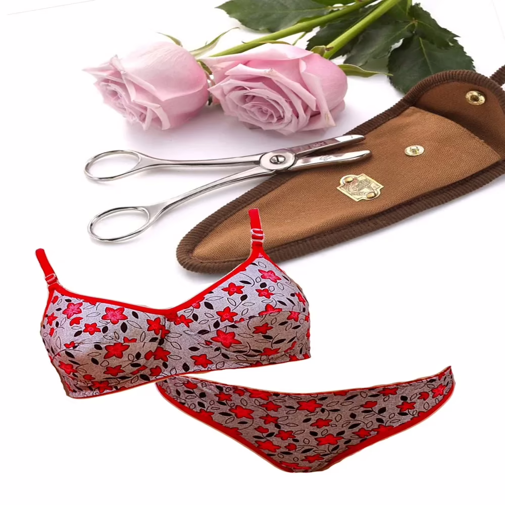 Cozy Red Flower Print Grey Bridal Bra Panty Set - Image 2