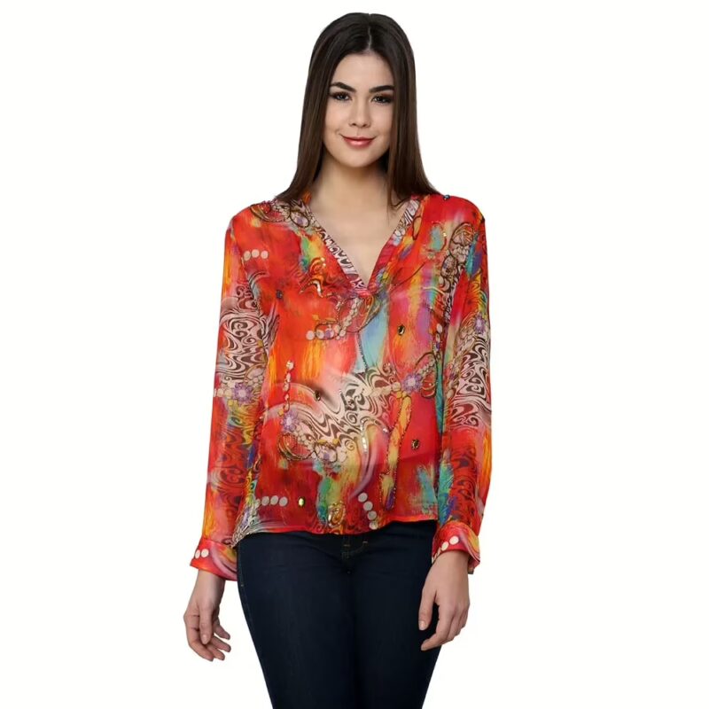 Chiktones Viscose Georgette Printed Top With Hanbeaded