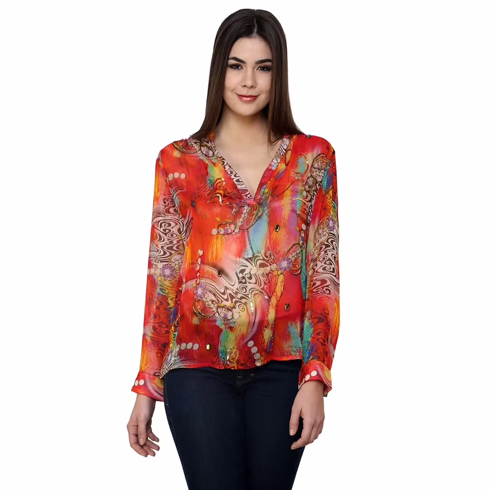 Chiktones Viscose Georgette Printed Top With Hanbeaded
