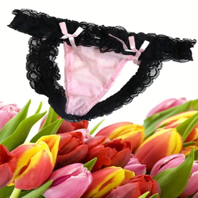 Cute Pink Black Frill G-String Lacy Thong