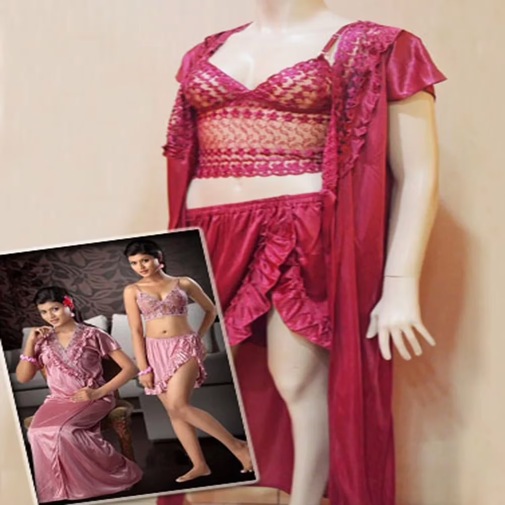 Dark Coral Color 3 Pcs Bridal Nighty