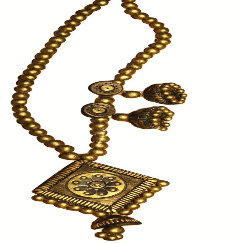 Diamond Terracotta Pendant & Ear Hangings Golden Jewelry Set