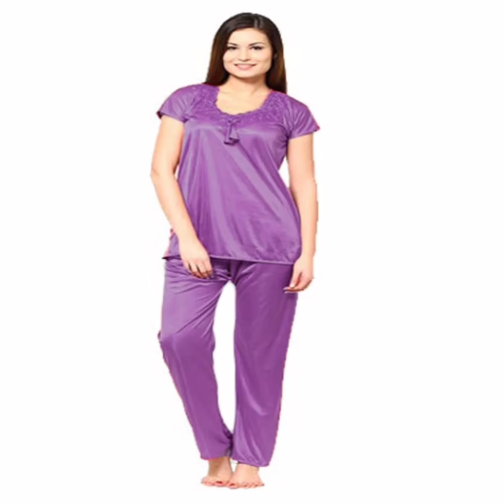 Dull Shade Purple Satin 2 PC Top Pajama Set Nightwear