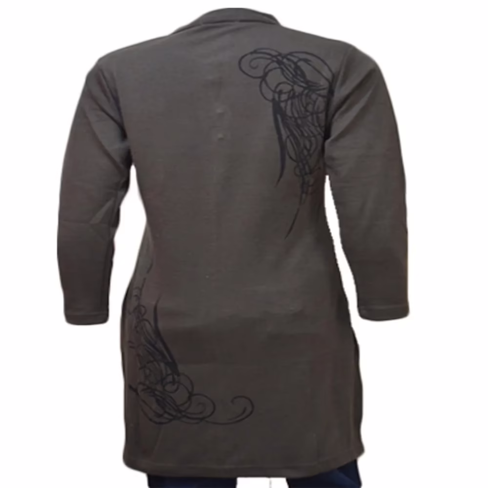 Flower Appliqué Nehru Collar Brown Buttoned Placket Woolen Kurti - Image 2