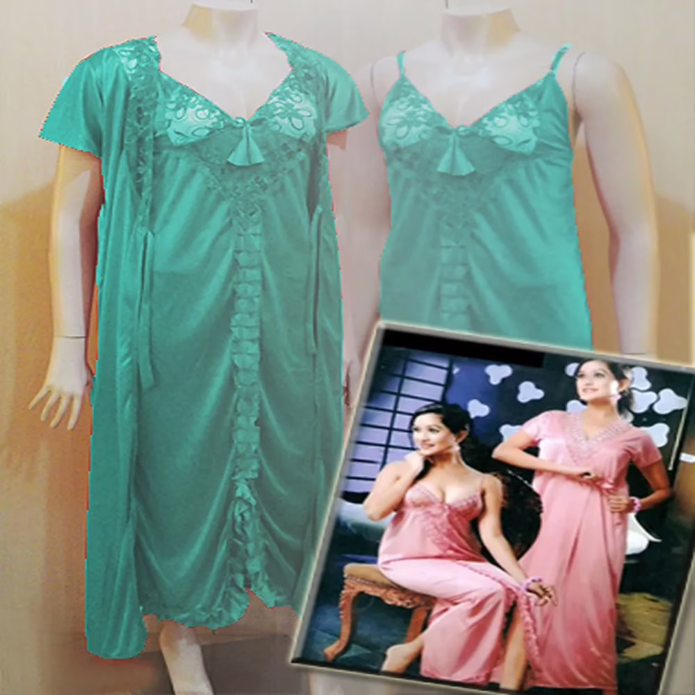 Green Front Frill 2 Piece Long Nighty Robe Set