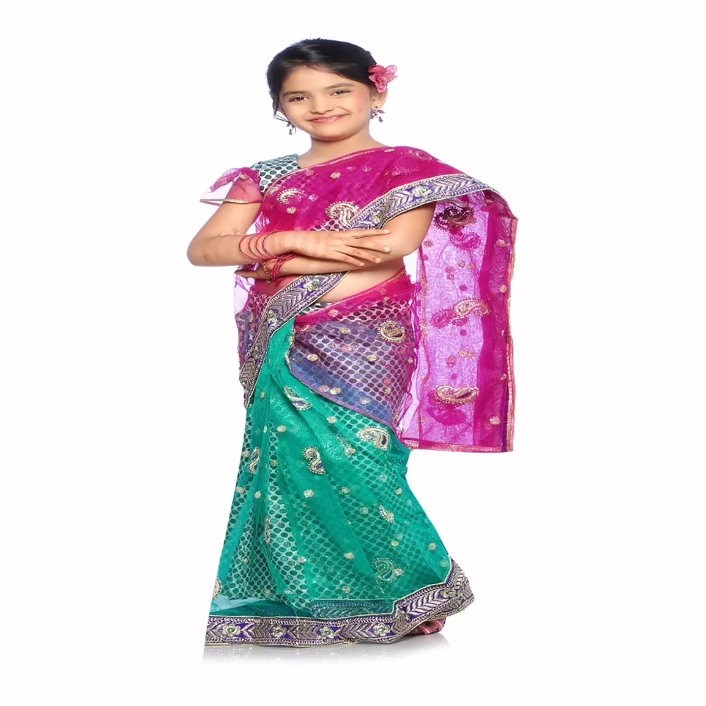 Bhartiya Paridhan -Net Pre Stitched Embroidered Laced Rama Green Rani Saree(2-11 Years)