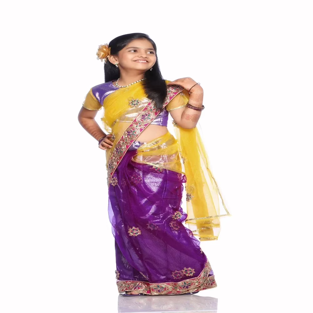 Bhartiya Paridhan -Net Pre Stitched Embroidered Laced Magenta Yellow Saree(2-11 Years) - Image 2