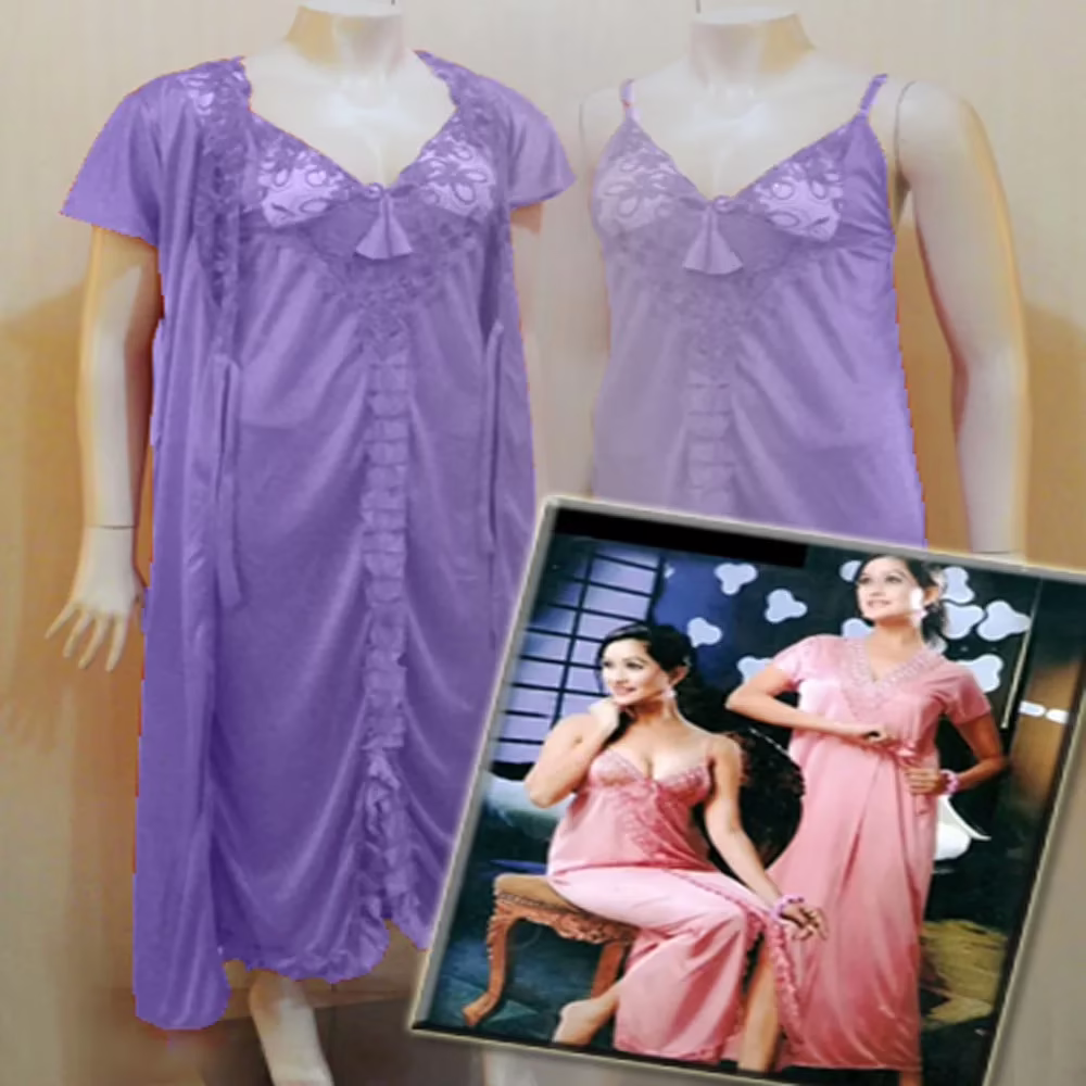 Light Purple Front Frill Design 2 Piece Lacy Long Nighty Robe Set