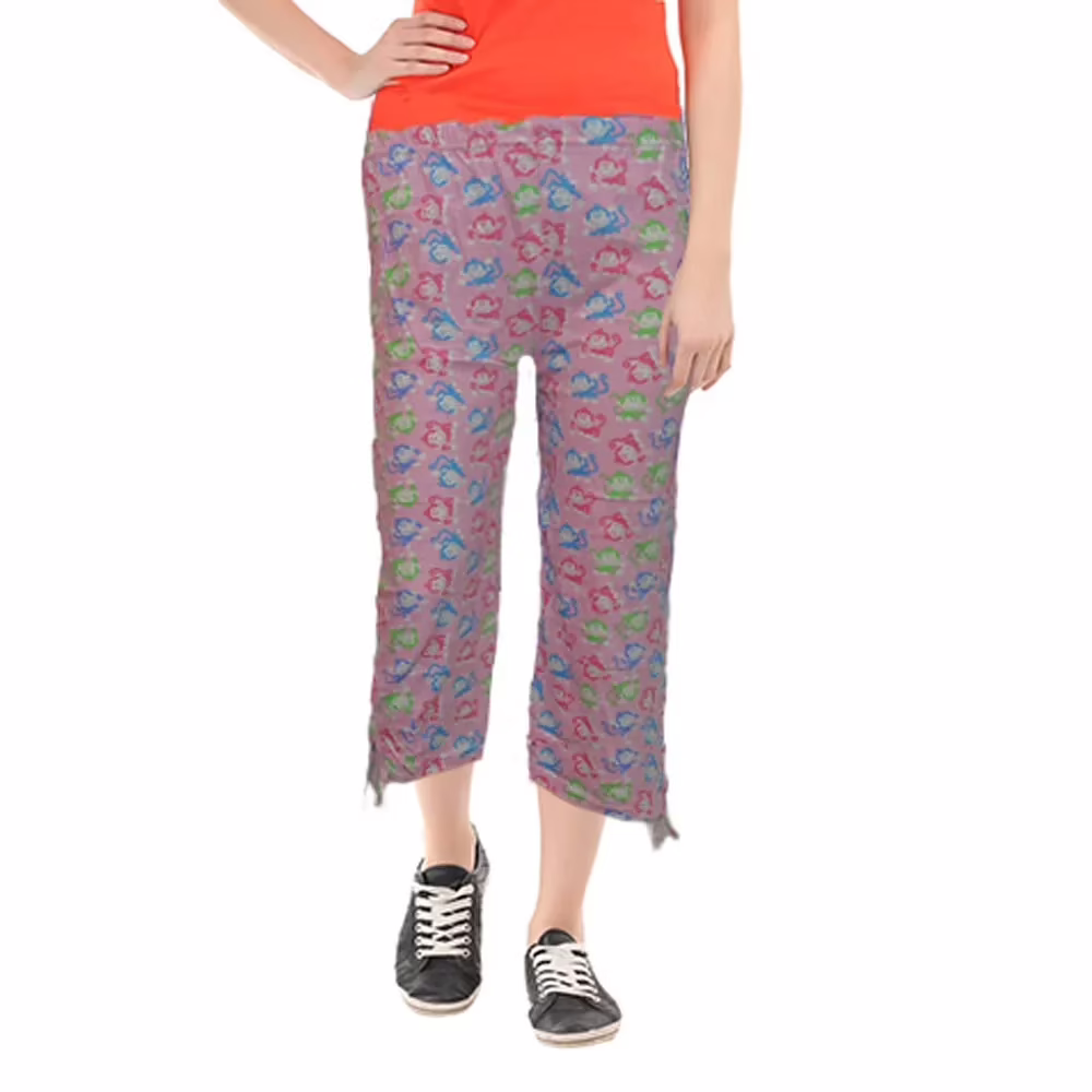 Light Red Knee Length Multicolor Printed Capri