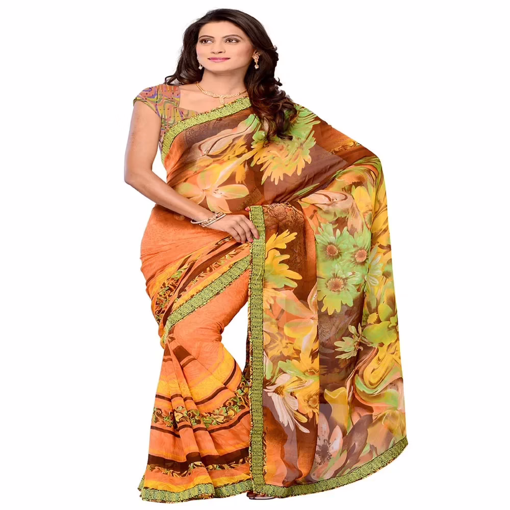 Ambaji Brown Colored Georgette Printed Saree - Image 3