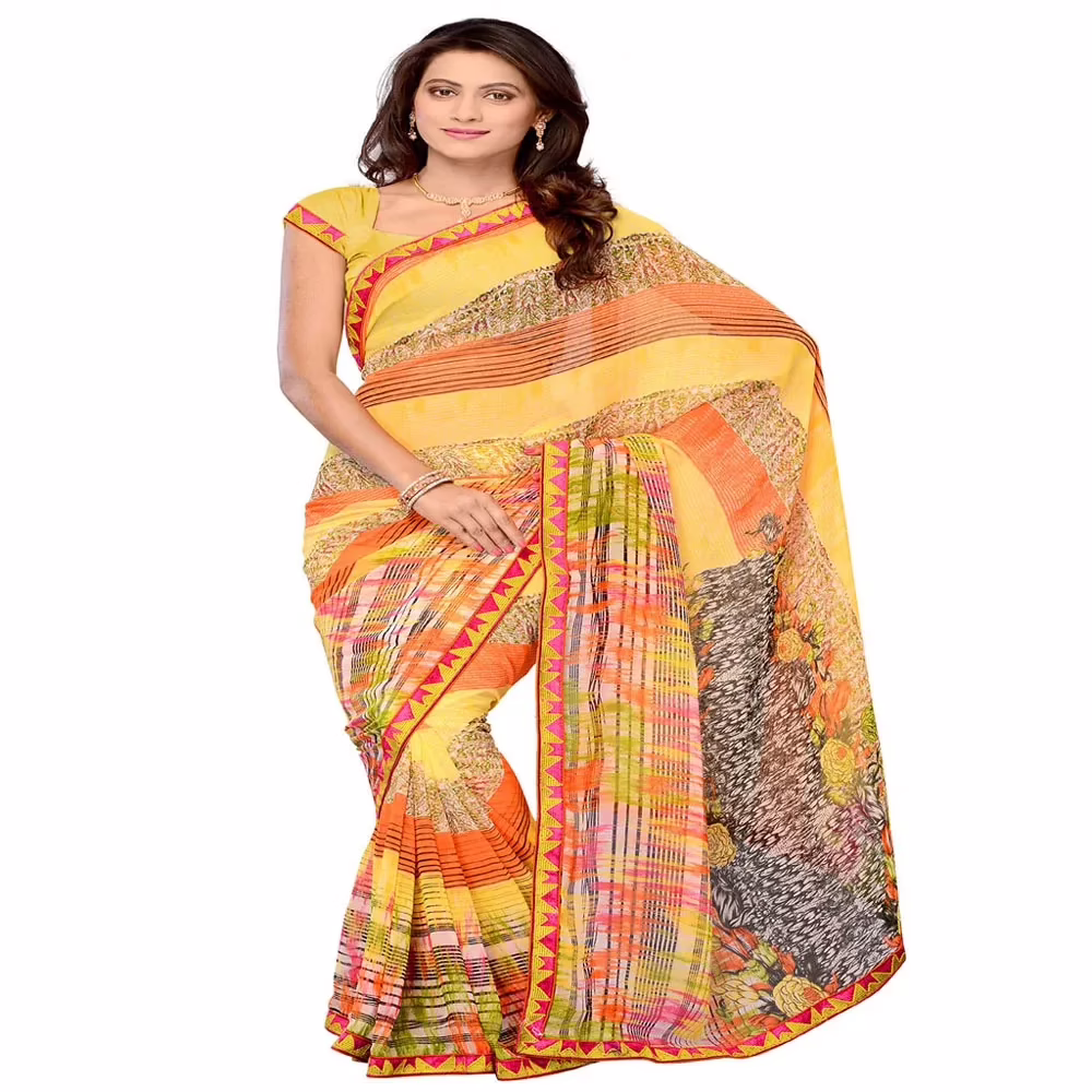 Ambaji Yellow Colored Georgette Printed Saree - Image 3
