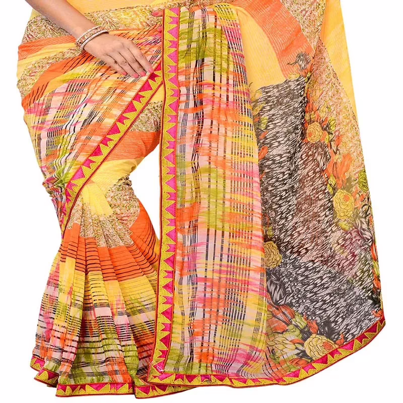Ambaji Yellow Colored Georgette Printed Saree - Image 2
