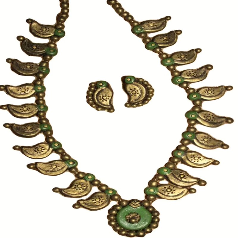 Mango TerraCotta Necklace & Ear Hangings Green Color Jewelry Set