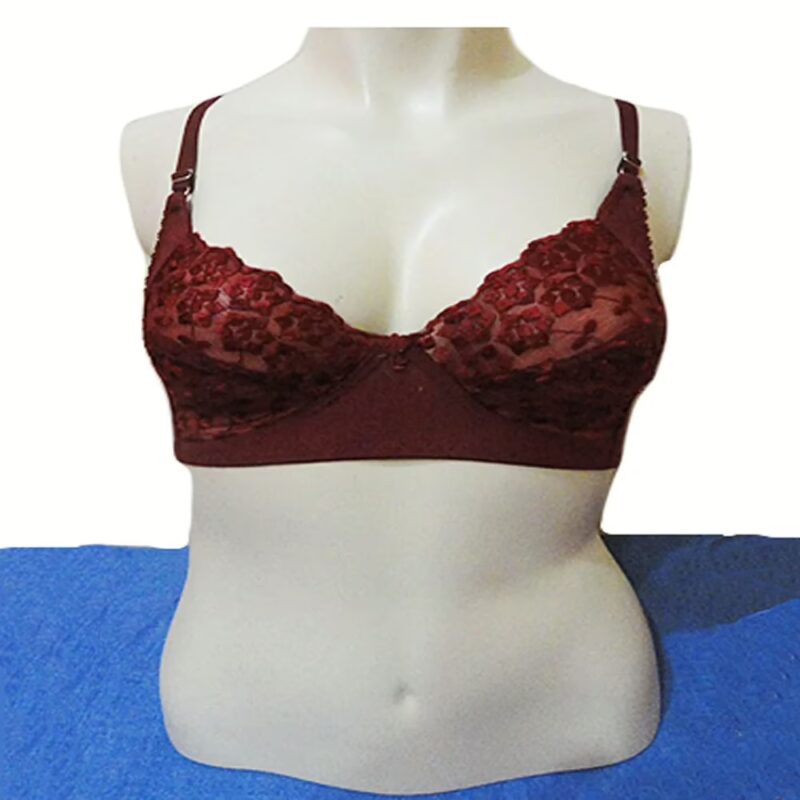 Maroon Assorted Flower Thread Embroidered Cups Adjustable Straps Bra