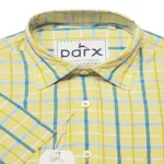 Parx Authentic Casuals Lemon Half Sleeves White Sky Blue Yellow Lined Check Shirt-Size 39