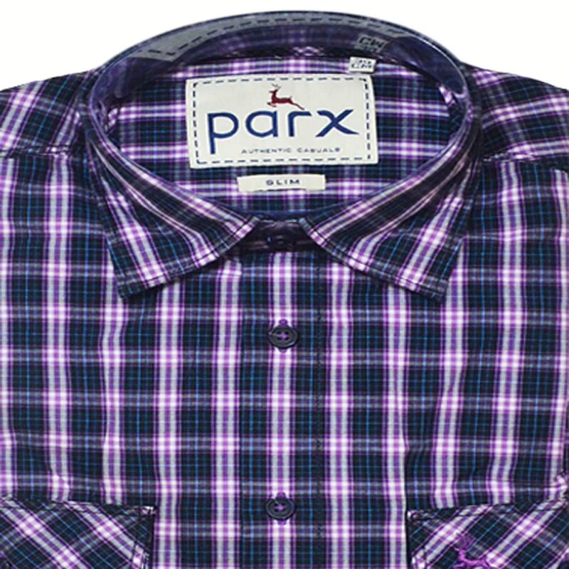 Parx Authentic Casuals Slim Purple Check Navy Blue Half Sleeves Cotton Shirt-Size 39