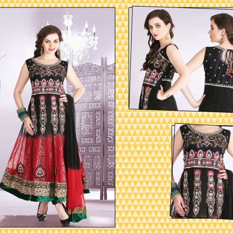 Pazaar Afreen Black and Rose-madder Red Embroidered Anarkali Salwar Kameez