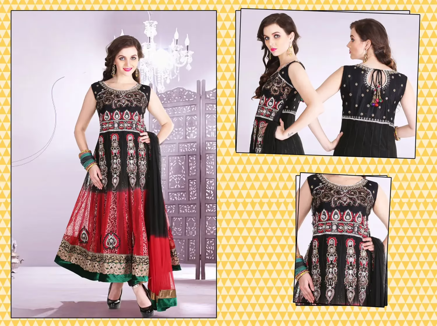 Pazaar Afreen Black and Rose-madder Red Embroidered Anarkali Salwar Kameez