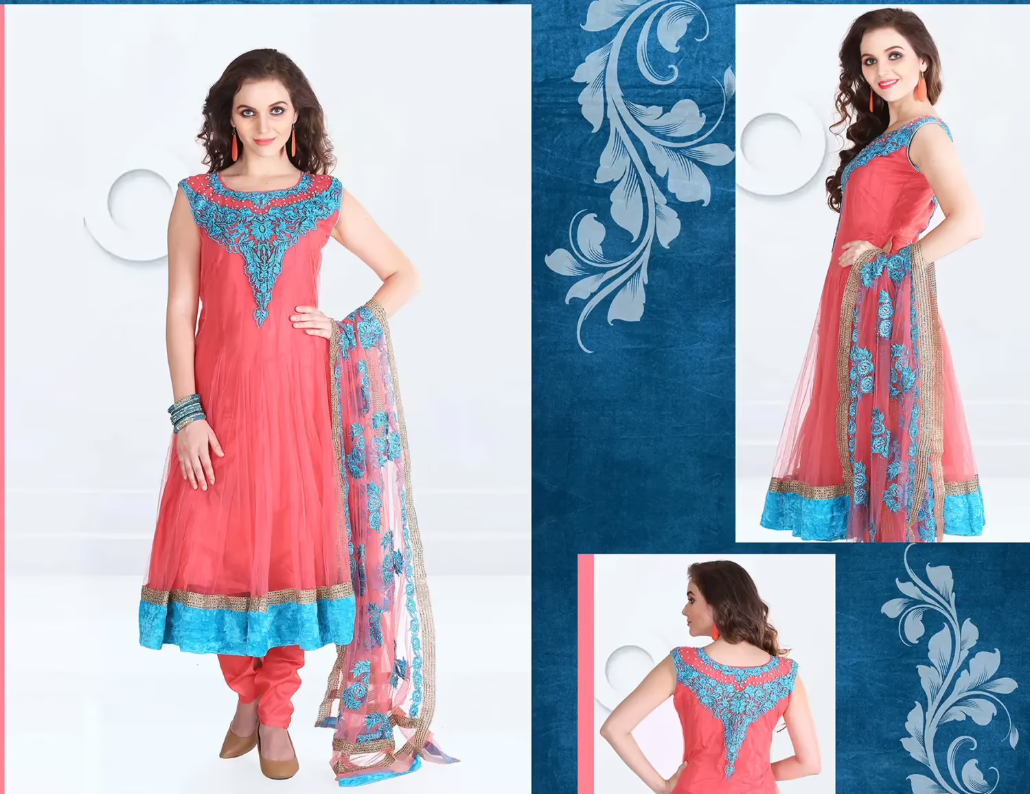 Pazaar Afreen Coral Pink Embroidered Anarkali Salwar Kameez