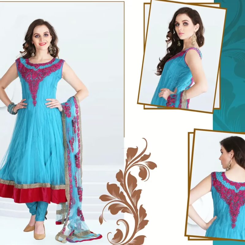 Pazaar Afreen Deep Sky Blue Embroidered Anarkali Salwar Kameez