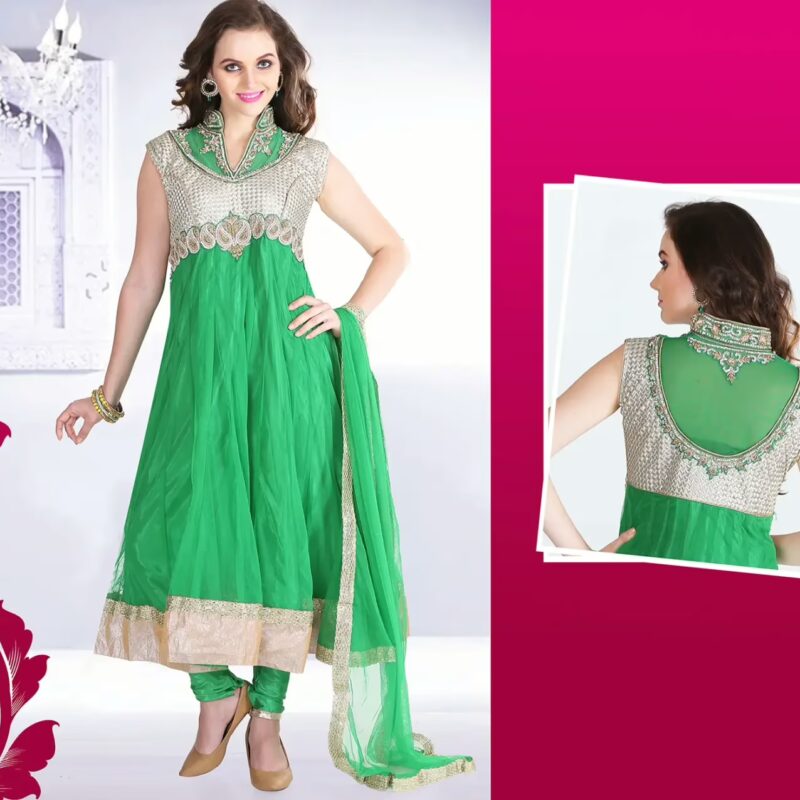 Pazaar Afreen Jade Green and Off-white Embroidered Anarkali Salwar Kameez
