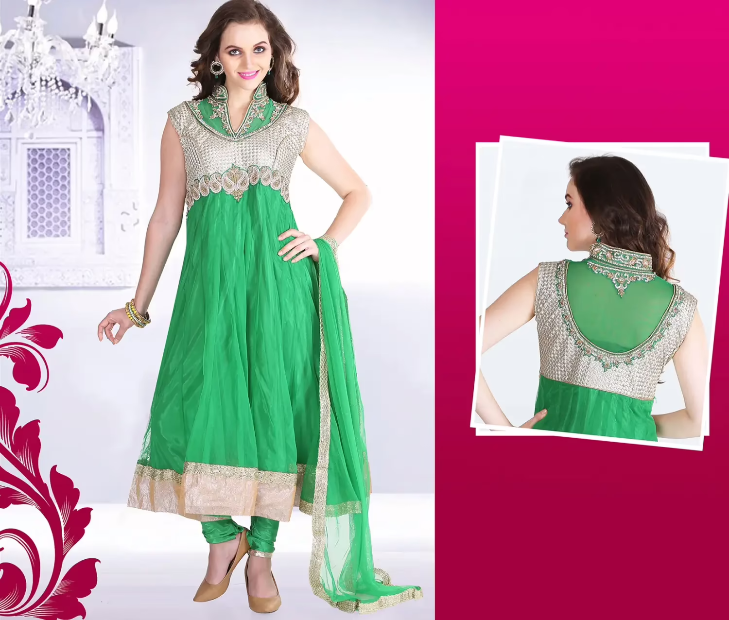 Pazaar Afreen Jade Green and Off-white Embroidered Anarkali Salwar Kameez