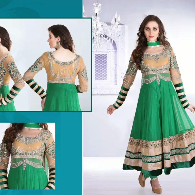 Pazaar Afreen Jungle Green and Peach Yellow Embroidered Anarkali Salwar Kameez