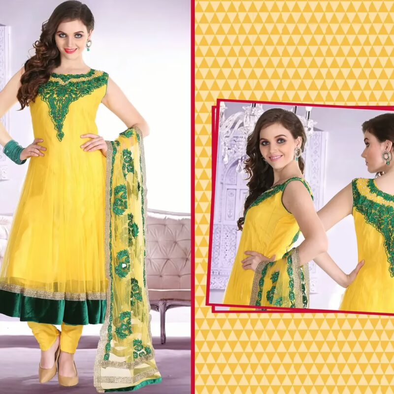 Pazaar Afreen Lemon Yellow Embroidered Anarkali Salwar Kameez