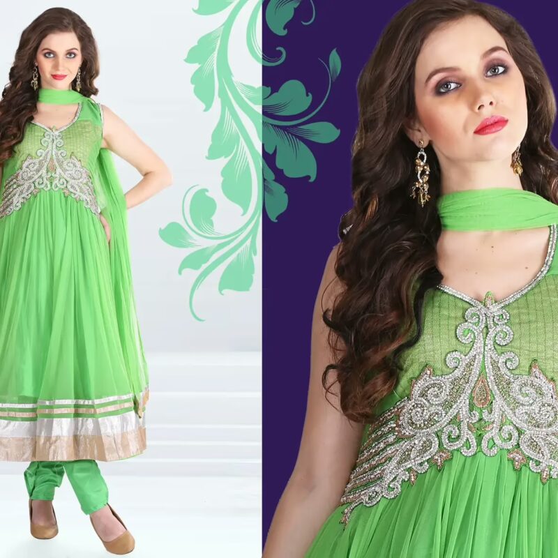 Pazaar Afreen Lime Green Embroidered Anarkali Salwar Kameez