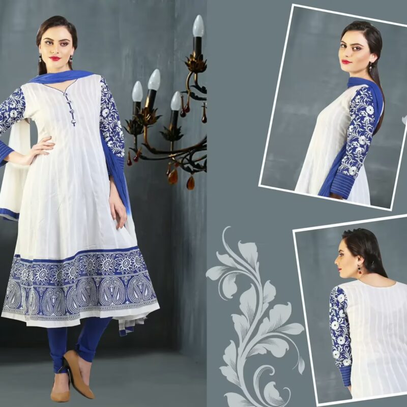 Pazaar Afreen Off-white and Dark Blue Embroidered Anarkali Salwar Kameez