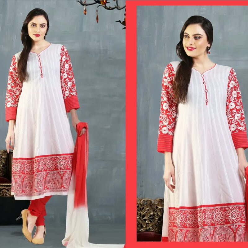 Pazaar Afreen Off-white and Rose-madder Red Embroidered Anarkali Salwar Kameez