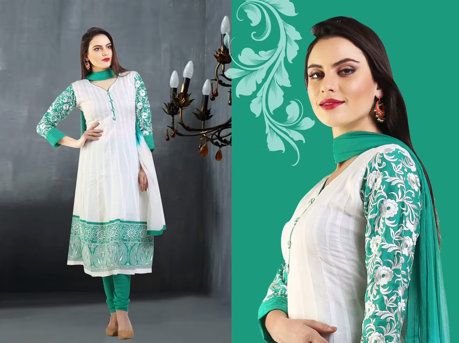 Pazaar Afreen Off-white and Persian Green Embroidered Anarkali Salwar Kameez
