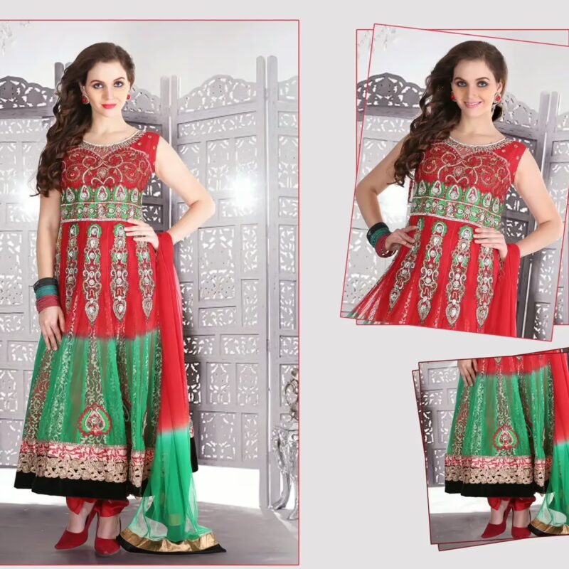 Pazaar Afreen Rose-madder Red and Jungle Green Embroidered Anarkali Salwar Kameez