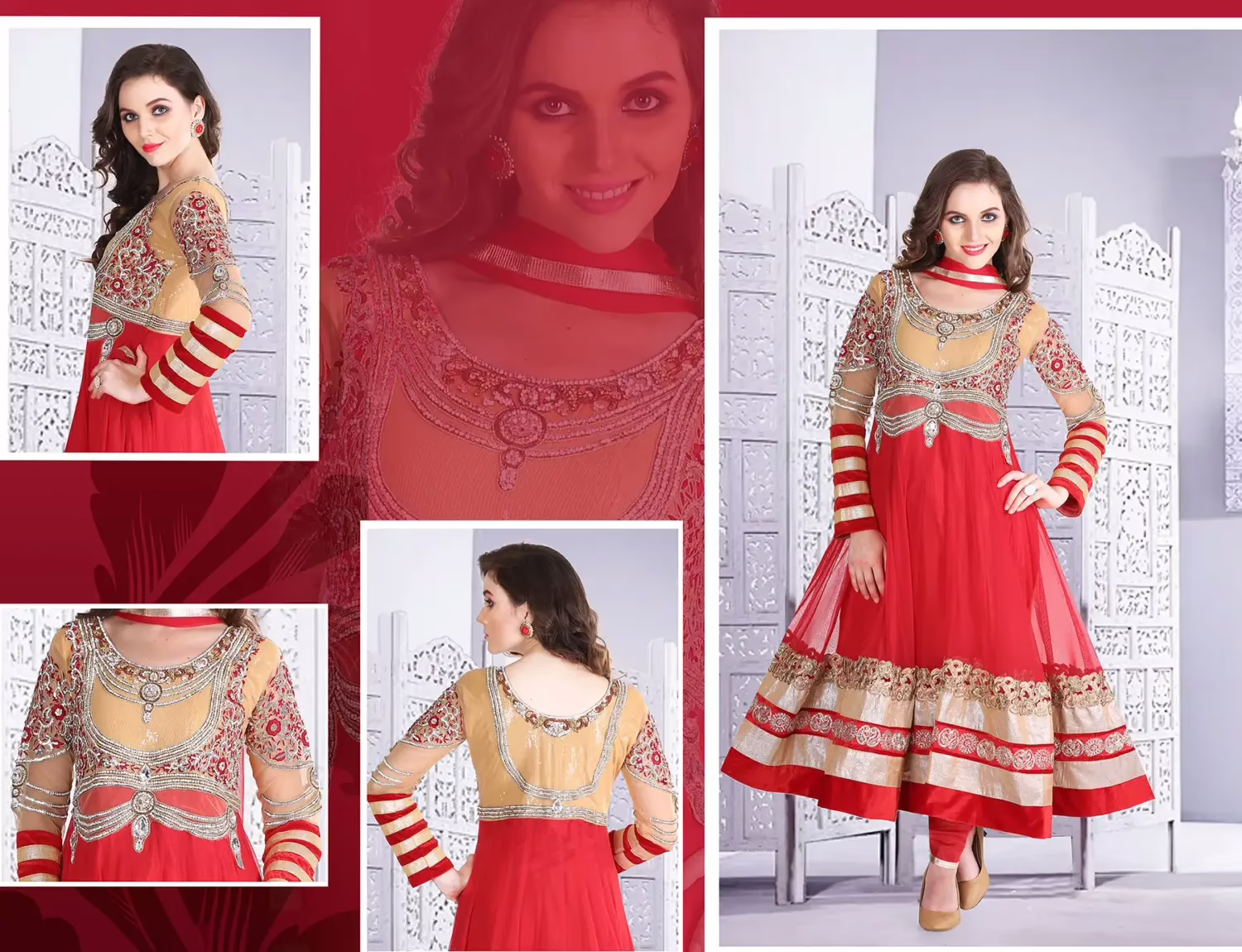 Pazaar Afreen Rose Madder Red & Peach Yellow Embroidered Anarkali Salwar Kameez
