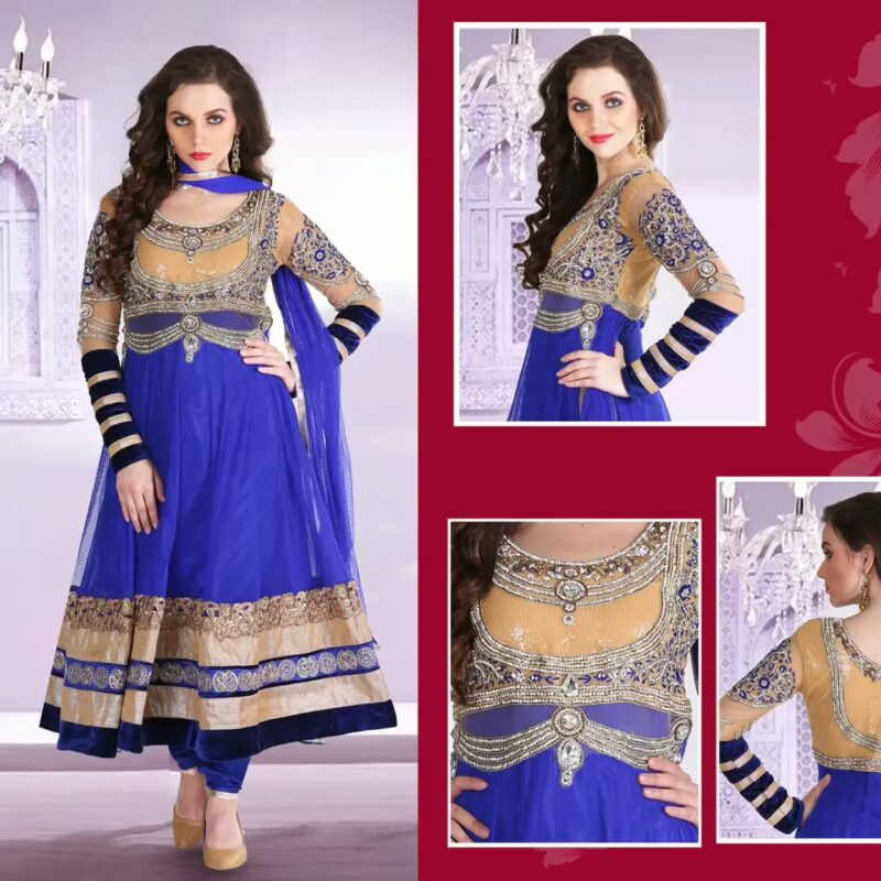 Pazaar Afreen Royal Blue and Peach Yellow Embroidered Anarkali Salwar Kameez