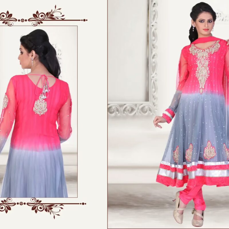 Pazaar Kaanchi Brink Pink and Light Slate Gray Embroidered Anarkali Salwar Kameez