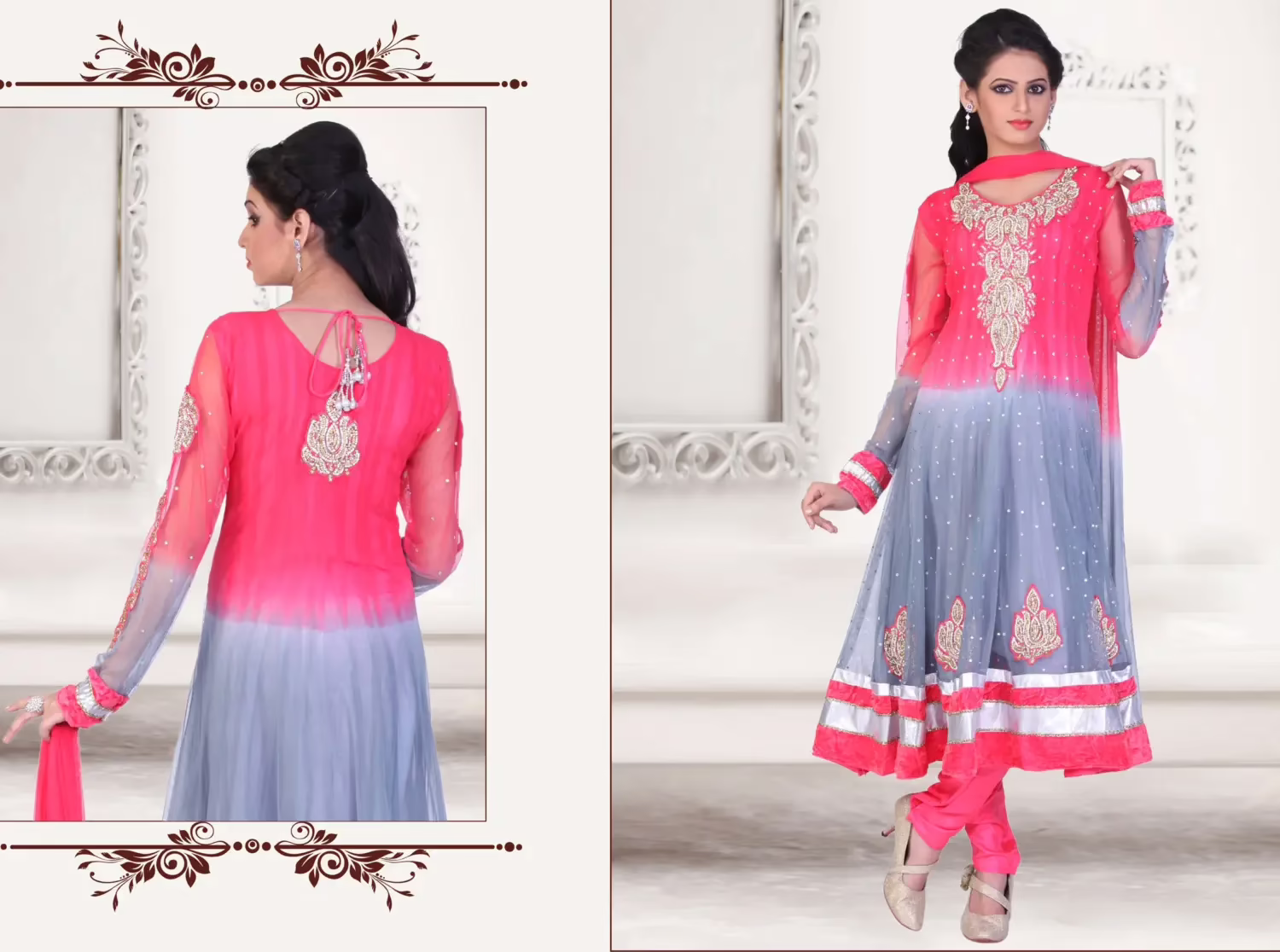 Pazaar Kaanchi Brink Pink and Light Slate Gray Embroidered Anarkali Salwar Kameez
