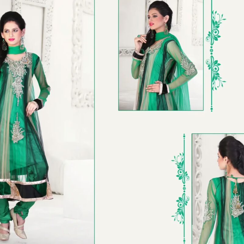 Pazaar Kaanchi Black and Sea Green Embroidered Anarkali Salwar Kameez