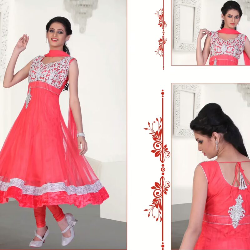 Pazaar Kaanchi Coral Red Embroidered Anarkali Salwar Kameez