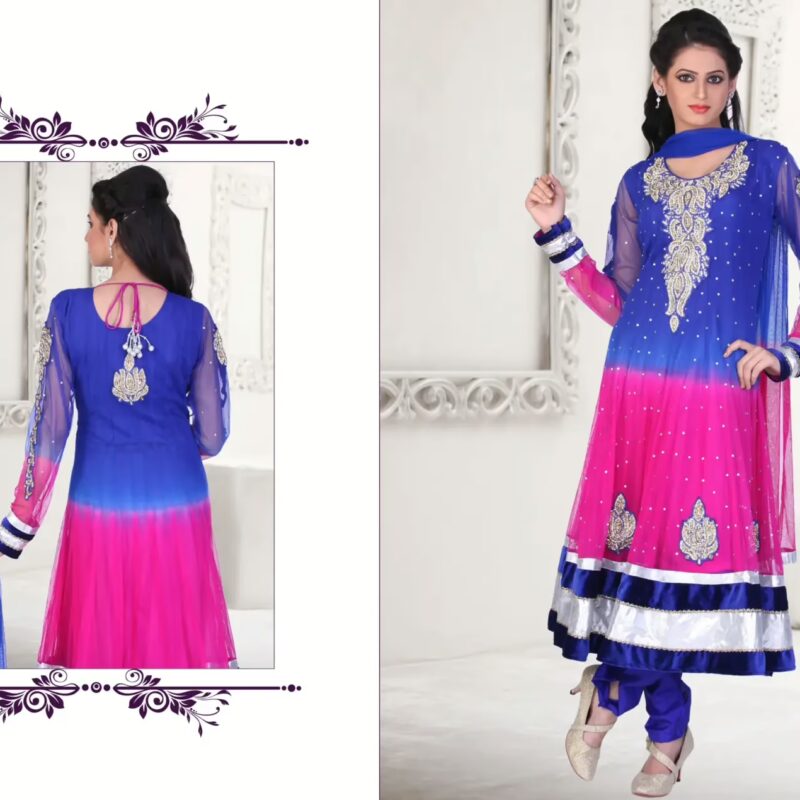 Pazaar Kaanchi Dark Blue and Cerise Pink Embroidered Anarkali Salwar Kameez