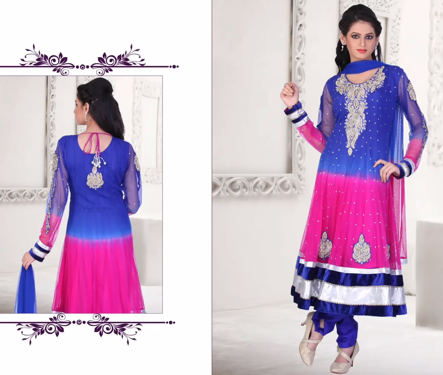 Pazaar Kaanchi Dark Blue and Cerise Pink Embroidered Anarkali Salwar Kameez