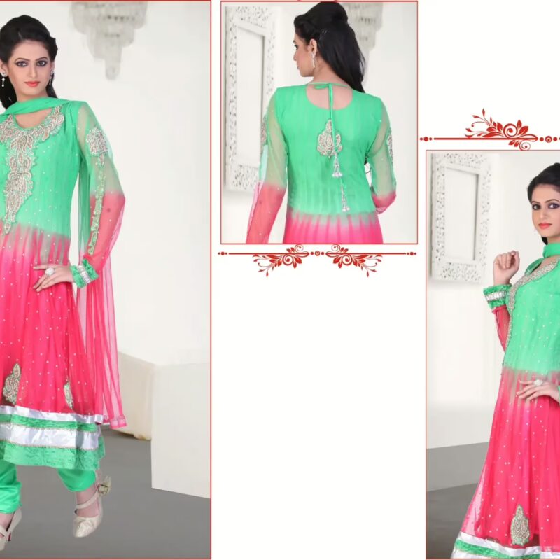 Pazaar Kaanchi Green and Amaranth Pink Embroidered Anarkali Salwar Kameez