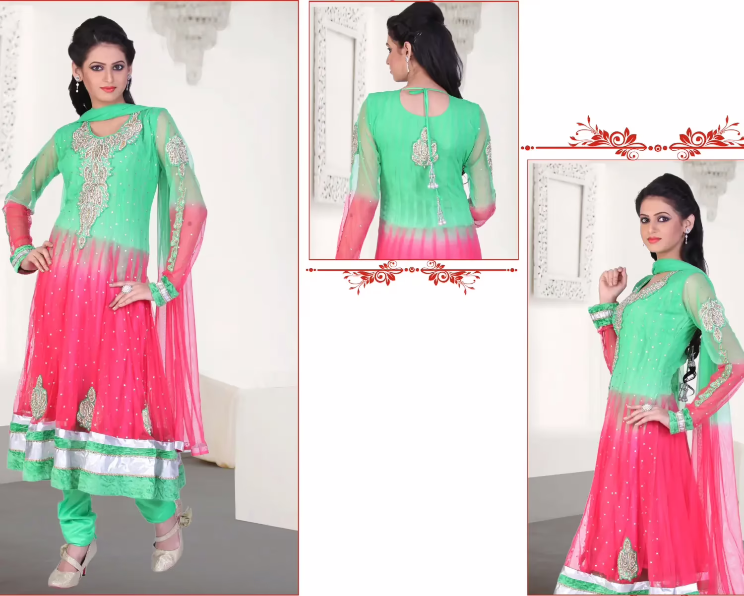 Pazaar Kaanchi Green and Amaranth Pink Embroidered Anarkali Salwar Kameez